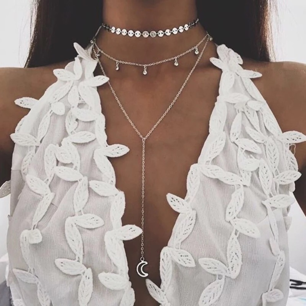 Bohemian Hollow Wafer Moon Crystal Necklace